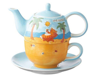 Cat Tea for one Set - Cat on the Beach - 400 ml - ceramic - hand painted