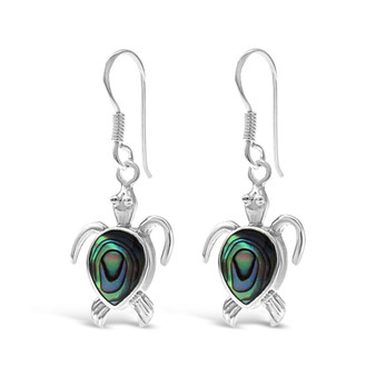 Turtle Earrings - Paua Shell - 2.8 cm drop -  .925 Sterling Silver