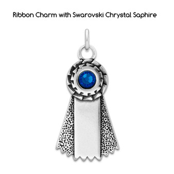 Award Ribbon Charm with Swarovski Crystal  Sapphire - .925 Sterling Silver