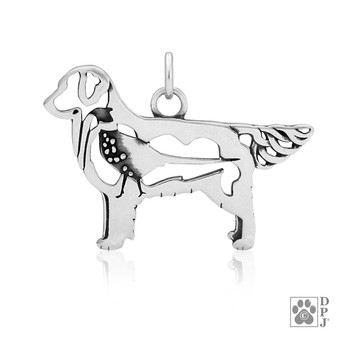 Golden Retriever w/Pheasant Necklace, Body pendant  - recycled .925 Sterling Silver