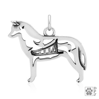 Siberian Husky with sled in body, Siberian Husky necklace, body pendant, Husky sterling silver necklace