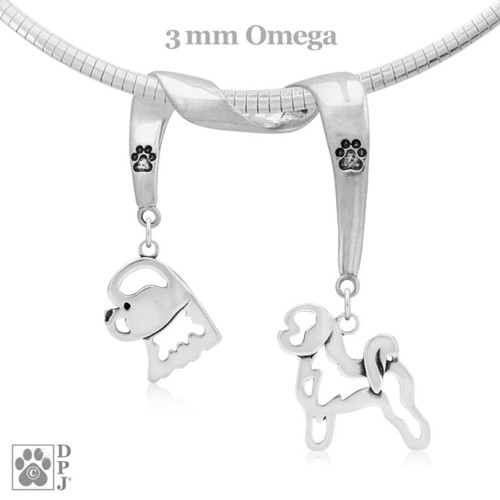 Sterling Silver Necklace featuring Bichon Frise necklace, head pendant (left) and Bichon Frise necklace, body pendant (right) on ribbon shaped charm holder woven around 3mm wide flat Omega chain.