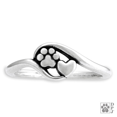 Sterling silver ring featuring a small heart and paw print in a silver frame