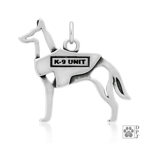 Belgian Malinois w/K-9 Unit Vest, Body pendant  - recycled .925 Sterling Silver