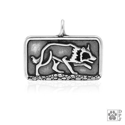 Border Collie Sizzlling Crouch, Body pendant - recycled .925 Sterling Silver