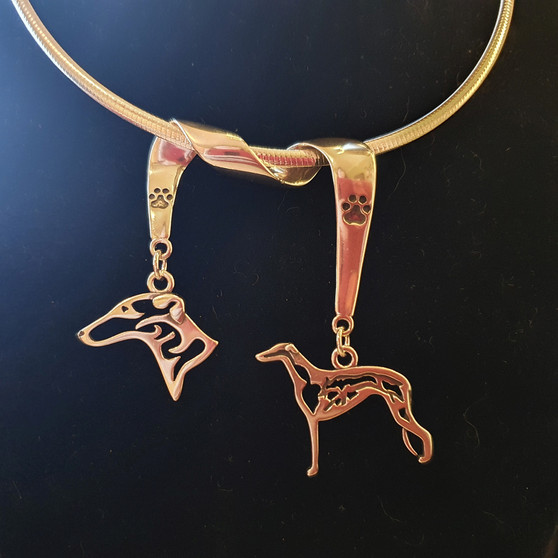 Greyhound necklace in .925 Sterling Silver, Photograph of silver necklace with 2 stylish greyhound pendants