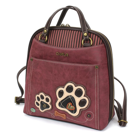 Convertible Backpack/Handbag - Paw print - Burgundy - Faux Leather