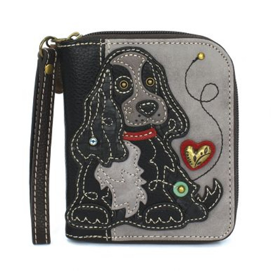 Black Cocker Spaniel - Zip-Around Wallet  -Black Grey - Faux Leather