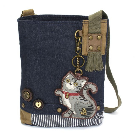 Patch Cross Body Bag - Grey Tabby Cat - Denim - Canvas