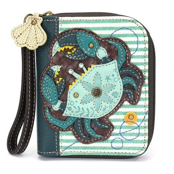 Crab - Zip-Around Wallet - Teal Stripes - Faux Leather