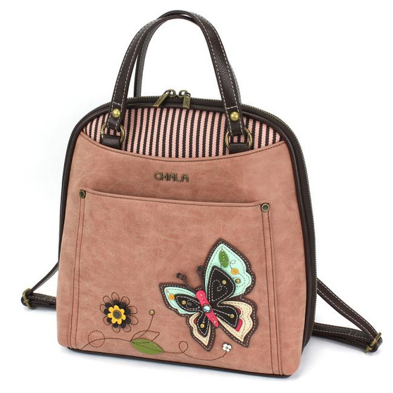 Convertible Backpack/Handbag - Butterfly - Dusty Rose - Faux Leather