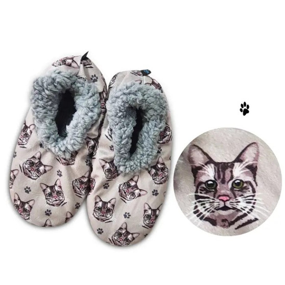 Cat Plush Slippers, Silver Tabby, - one size fits most  women - 5-11