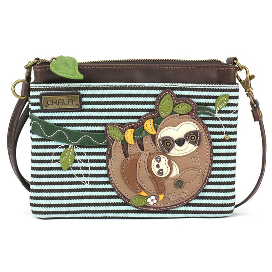 Sloth mum and Baby - Mini Cross Body Bag - Blue Stripes - Faux Leather