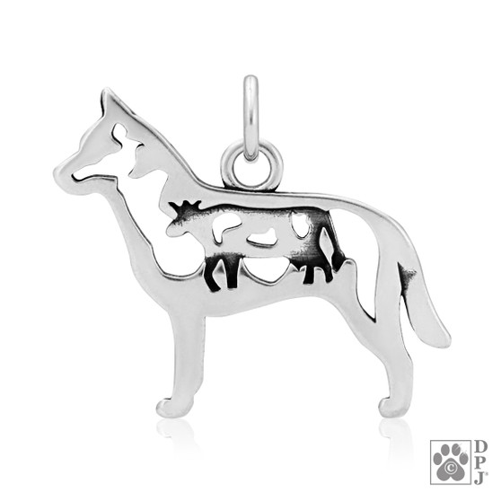 Sterling Silver necklace, pendant featuring an Australian cattle dog with a cow in the body