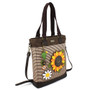 Sunflower with Bee - Work Tote -  Brown stripes - Canvas and Faux Leather