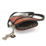 Pug small bag features Pug on orange coloured faux leather, top zipper open showing polkadot lining