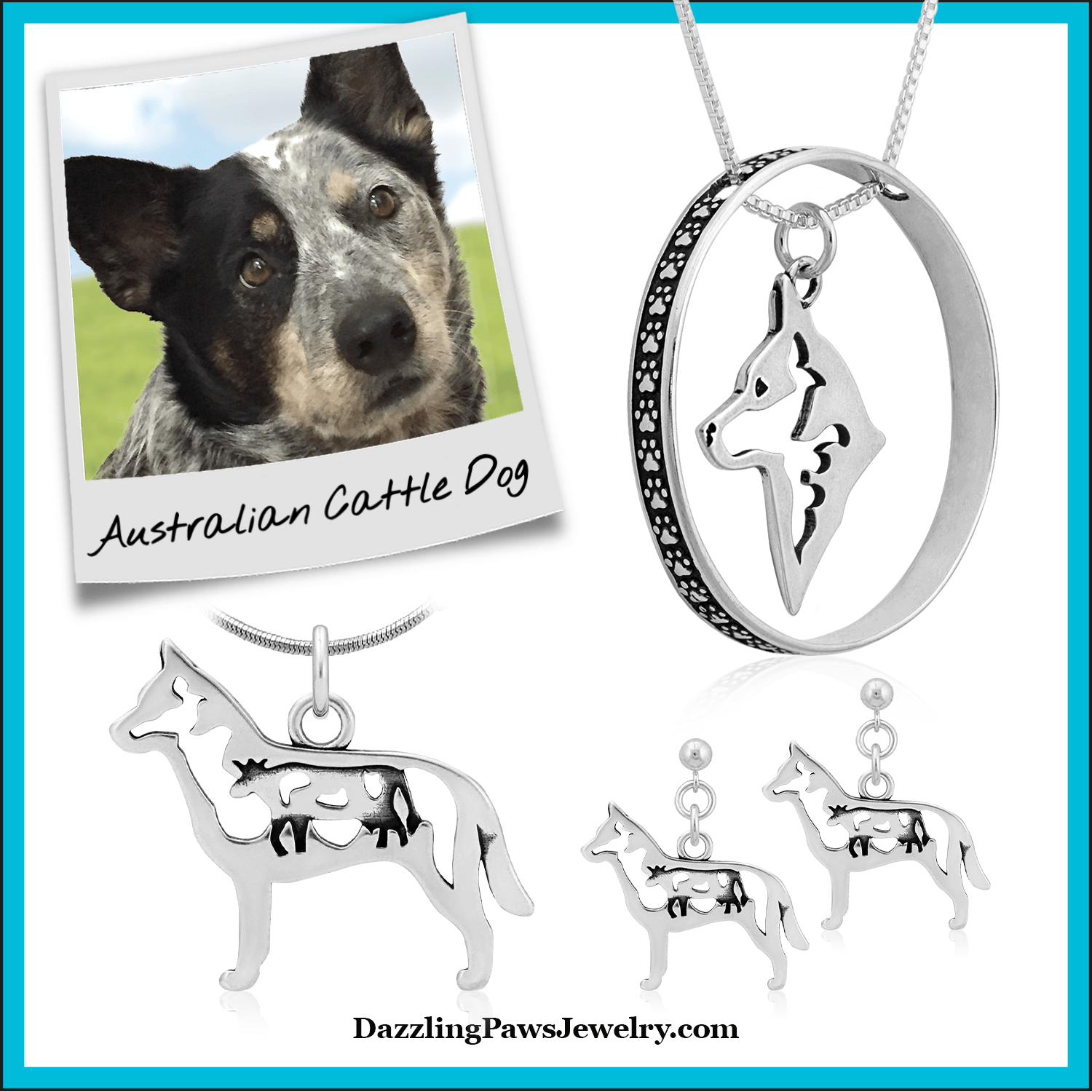 Australian Cattle Dog Necklace, head pendant recycled .925 Sterling Silver