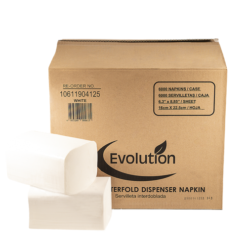 Evolution KwikNap interfold dispenser napkins case with two white folded napkin stacks displayed in front on a white background