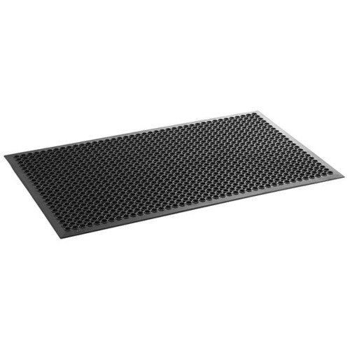 Black 3' x 5' rubber anti-fatigue floor mat with beveled edge and drainage holes, ideal for kitchens and work areas.