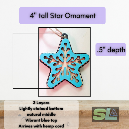 Vibrant blue three-layer wooden star ornament bursting with festive holiday cheer for your Christmas tree.
