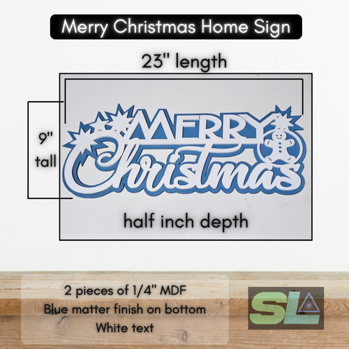 Rectangular wooden sign with matte blue background and white matte text reading “Merry Christmas,” measuring 9 inches tall by 23 inches wide.