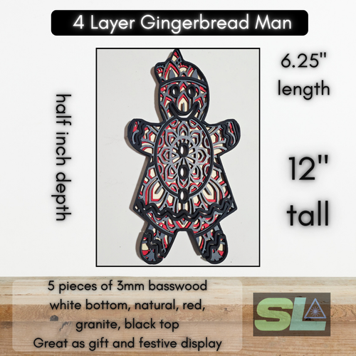 Handmade layered wooden Christmas gingerbread man standing 12 inches tall and 6.25 inches wide, featuring red, black, granite, and white colors, crafted from five layers of basswood.