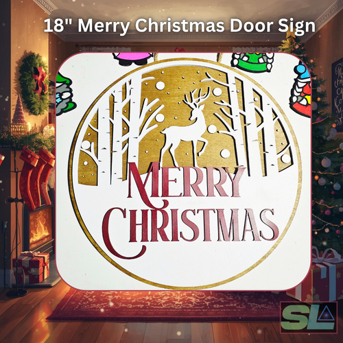 18-inch circular Merry Christmas welcome sign with white deer silhouette, falling snow, and burgundy laser-cut lettering.