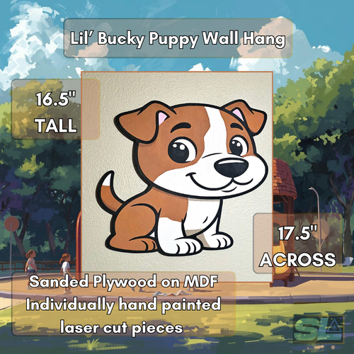 Lil’ Bucky Puppy Wooden Wall Sign | Hand Painted Dog Wall Art | Cute Nursery & Kids Room Decor