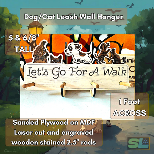 Wooden dog and cat leash holder wall sign with peg hooks, “Let’s Go For A Walk” pet leash rack