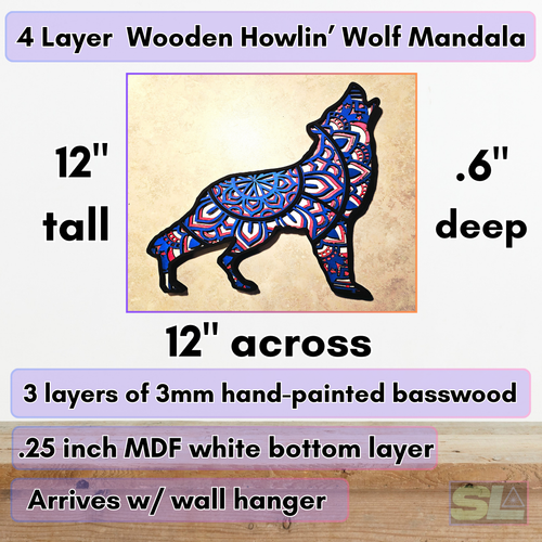 4 layer wooden wolf mandala wall decor with glow pink accents