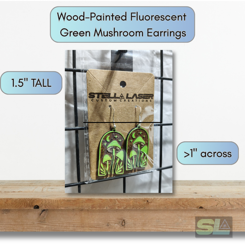 Fluorescent green mushroom earrings with glowing caps, handcrafted from lightweight wood, featuring three neon green mushrooms per earring against a dark backdrop, whimsical nature-inspired jewelry design