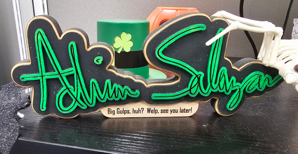 Custom 3-layer nameplate with personalized text, colorful layered design, perfect for desk, office door, or home decor.