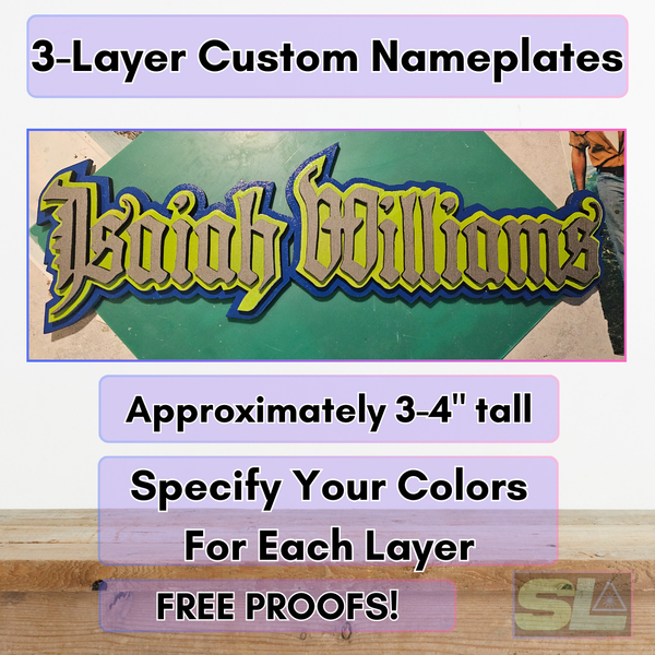 Custom 3 layer wooden nameplate laser cut with layered colors