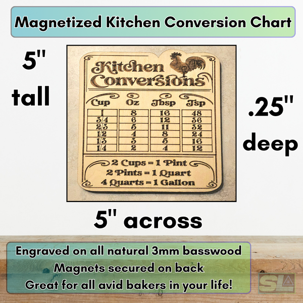 5"x5" engraved wood kitchen measurement conversion chart magnet