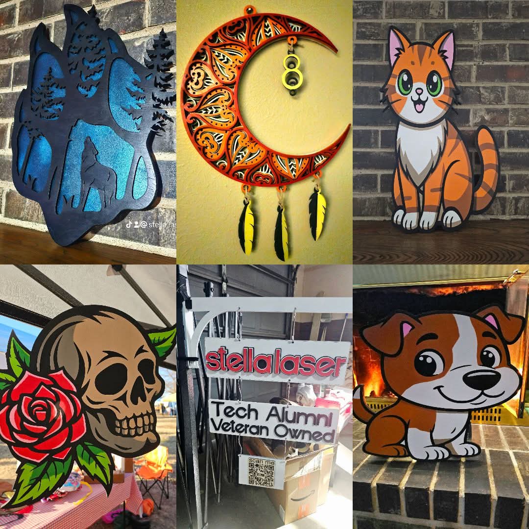 A collection of handmade stella laser products created with laser cutters and engravers and hand-painted