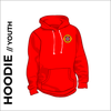 Bowmen of Adel youth Hooded top. Red cotton blend fabric for comfort with ribbed hem and cuffs. Embroidered club badge left chest 