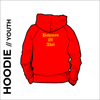 Bowmen of Adel youth Hooded top. Red colour with a double lined hood and pouch pocket. Embroidered club badge across shoulders.