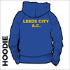 Leeds City A.C. official Hooded top. Royal blue colour with a double lined hood and pouch pocket. Heat applied club name across shoulders.