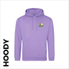 Lavender hoody with embroidered badge on left chest with optional "map print" on back 