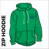 St. Theresas green zipped hooded top front with printed club badge on left chest