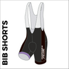 Custom cycle bib short club design side panel sublimation print. Side picture showing club custom design, silicon leg gripper and 4 way stretch bib mesh. Left leg view