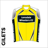 Custom club cycle gilet design in full sublimation print. Front picture showing full length hidden SBS zip, wind-blocker and silicon gripper at hem.