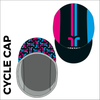 Custom cycle cap in full sublimation print, image showing side profile of cap and custom design