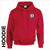 Red hoodie with embroidered Sir Fynwy 100 logo on chest