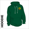 Bottle green hoody front with embroidered badge on left chest 