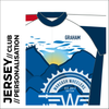 Short sleeve custom cycle jersey club design in full sublimation print. Image showing personalisation on left chest 