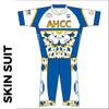 Custom cycle skin suit front showing club custom design, silicon leg gripper and 4 way stretch lycra. 