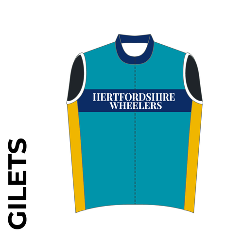 Hertfordshire Wheelers Custom club cycle gilet design in full sublimation print. Front picture showing full length hidden SBS zip, wind-blocker and silicon gripper at hem.