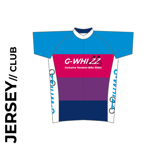 G-Whizz Short sleeve custom cycle jersey club design in full sublimation print. Front picture showing full length hidden SBS zip, high collar for comfort fit and silicon gripper at hem.