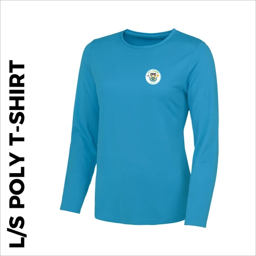 Sapphire Blue Long Sleeve Ladies Cool-T, moisture wicking with embroidered left chest badge